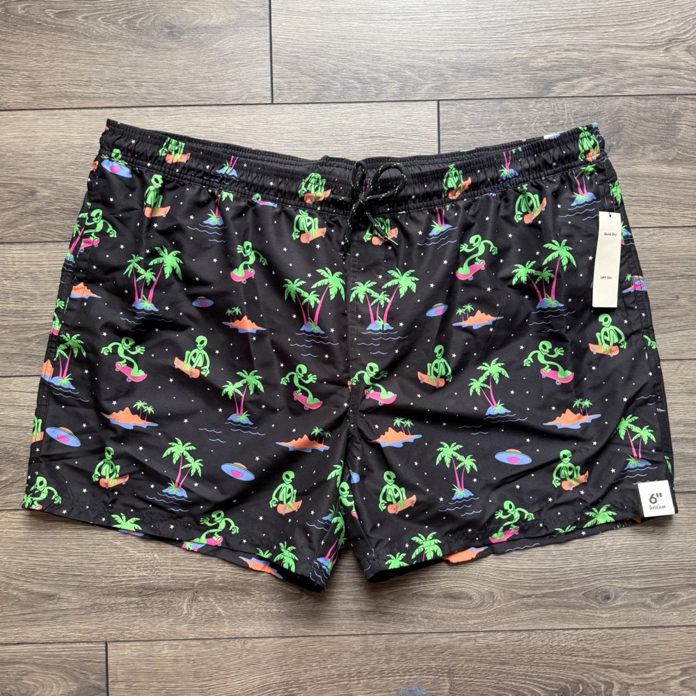 No Boundaries Mens 3XL Alien Skateboard Swim Trunks Black 6" Inseam UPF 50+ NWT